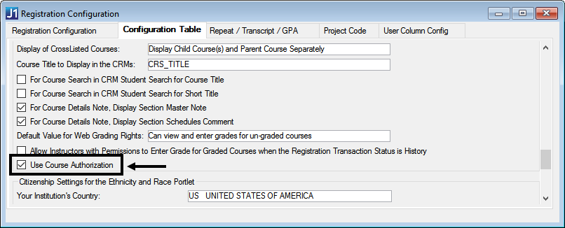 Registration Configuration window, Configuration Table tab in J1 Desktop showing the "Use Course Authorization" checkbox