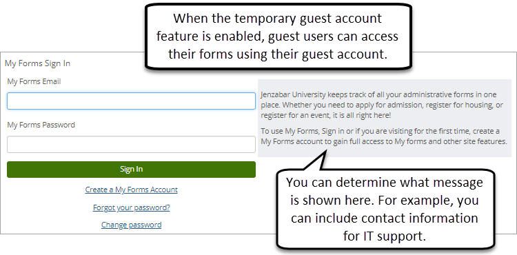 Sample My Forms Sign In Page for a temporary guest account.
