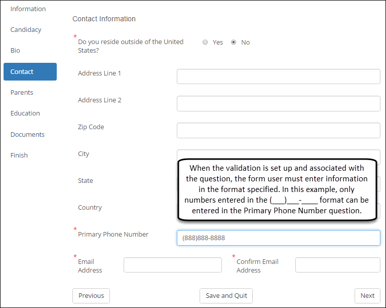 Sample user view of the form with validations.