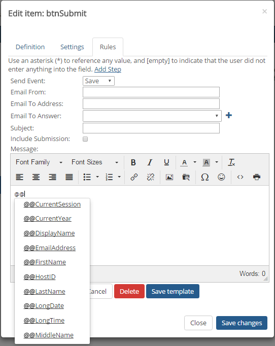 Edit item: Submit button pop-up with the Rules tab selected. In the Message field, a drop-down is displayed with options for literal string replacers.