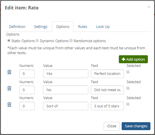 Edit Item pop-up with selections to set up static options for radio buttons.