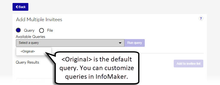 Add Multiple Invitees via query page with the Available Queries drop-down selected.