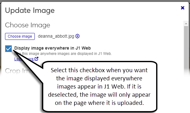 Update Image pop-up for a person with the Display image everywhere in J1 Web checkbox selected.