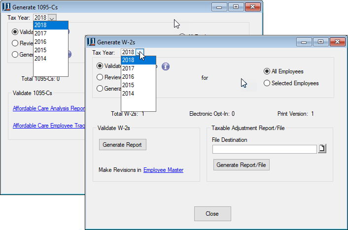 Generate 1095-Cs and Generate W-2s windows with the Tax Year drop-down selected.