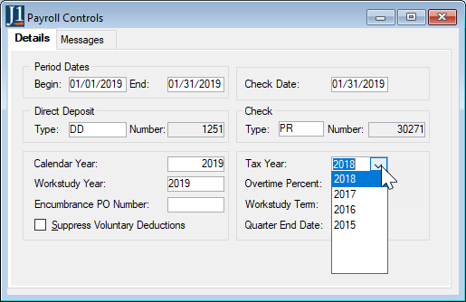 Payroll Controls window with Tax Year drop-down selected.