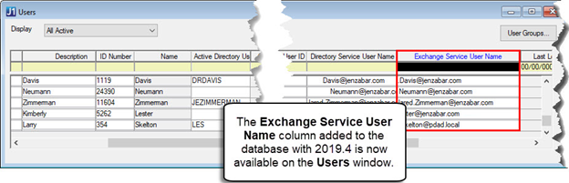 Users window, Exchange Service User Name column highlighted.