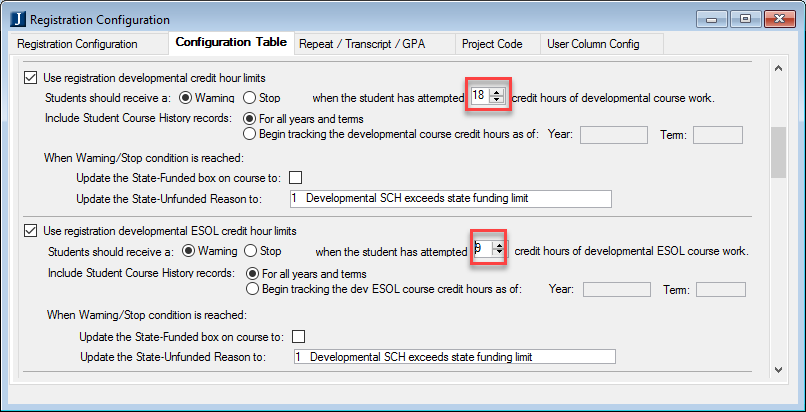Registration Configuration window, Configuration Table tab, credit hour limits highlighted.